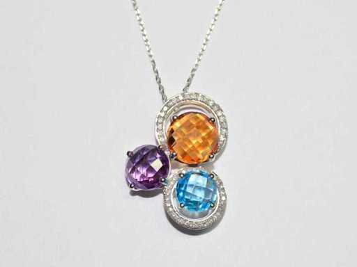 9 KT White gold Necklace with Pendant With 6.21 Cts Natural Diamond and Mixgemstone