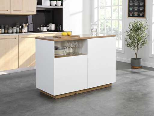 Ilot central de cuisine avec 2 portes et 1 niche en MDF - Naturel et blanc