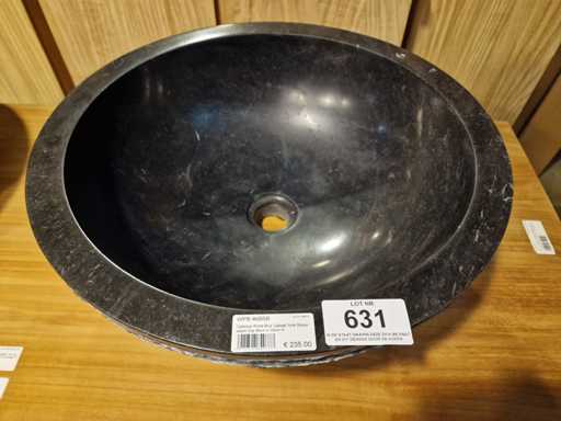 Lavabo en pierre bleue en teck, diamètre rond 45 x H18 cm ciselé