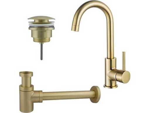 Jeu de robinet de lavabo - robinet haut - bec pivotant - bouchon d’évacuation à clic - siphon de conception abaissée - PVD en laiton brossé (or)