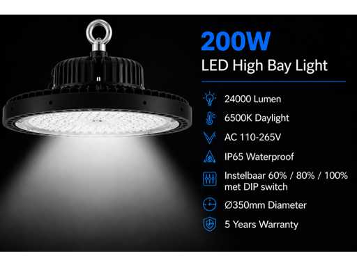 5 x LED Highbay UFO PRO 200W – Instelbaar 60% / 80% / 100% – 6500K – WEB-200