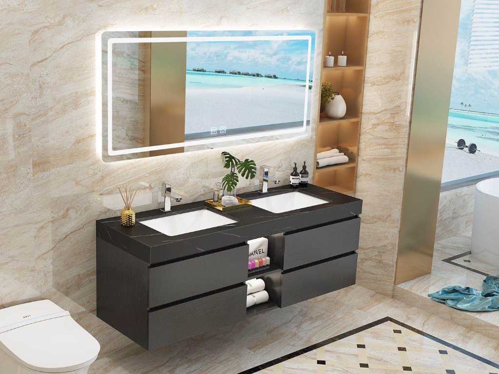 2-person bathroom furniture 150 cm dark wood décor - Incl. taps