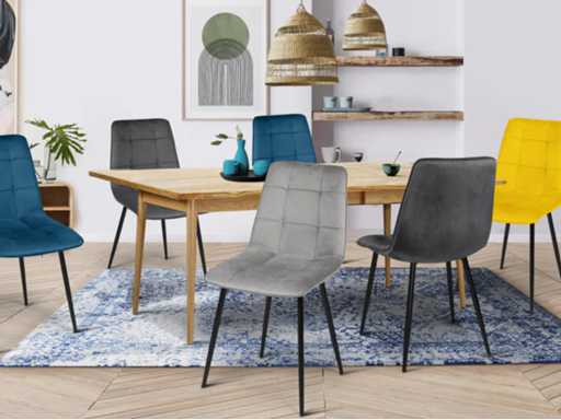 Set van 6 fluwelen stoelen in kleuren blauw x2, donkergrijs x2, lichtgrijs, geel