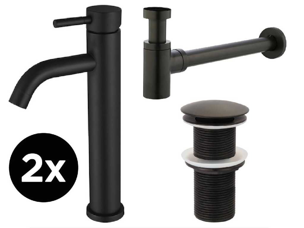 2 high taps, 2 pop-up drains and 2 siphons, Black