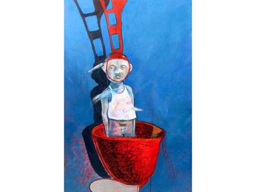 Eastern European School - Figure with red construction - oil on board - 120.5x80.5 cm 