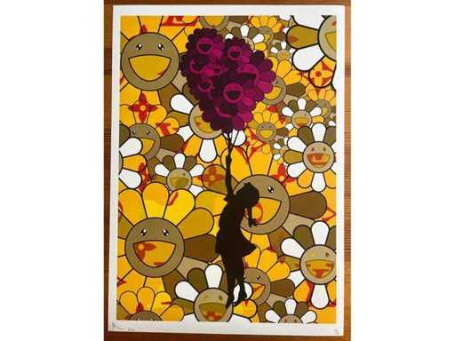 DEATH NYC : Banksy Girl with Balloon & Murakami Flowers