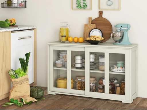 Dressoir, keukenkast met schuifdeuren van glas en verstelbare plank
