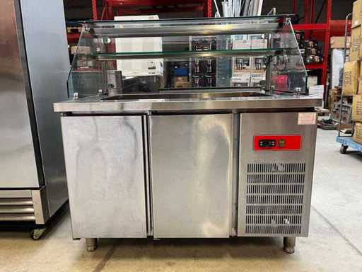 Stalowy stół warsztatowy chłodzony do sałatki/chłodzeń ze szklaną nadbudówką dwudrzwiową