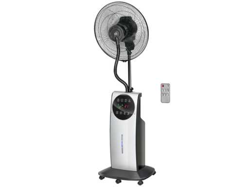 90W mist fan with 3 modes 3 speeds, remote control, 12H timer, 70° oscillation, grey and black