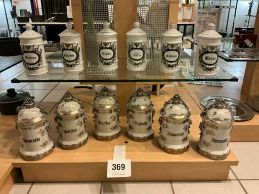 12 antieke porseleinen apothekerspotten  met tekst