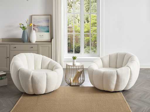 Fauteuil coquillage pivotant en tissu bouclette blanc