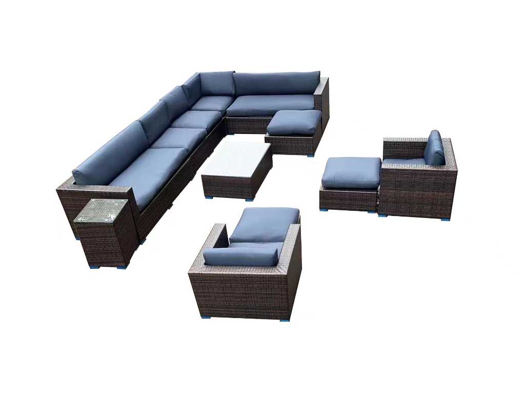 Lounge set 12-piece Brown wicker / Blue cushions