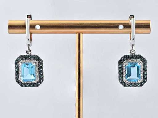 14 KT White Gold Earring With Natural Diamond with Blue Topaz