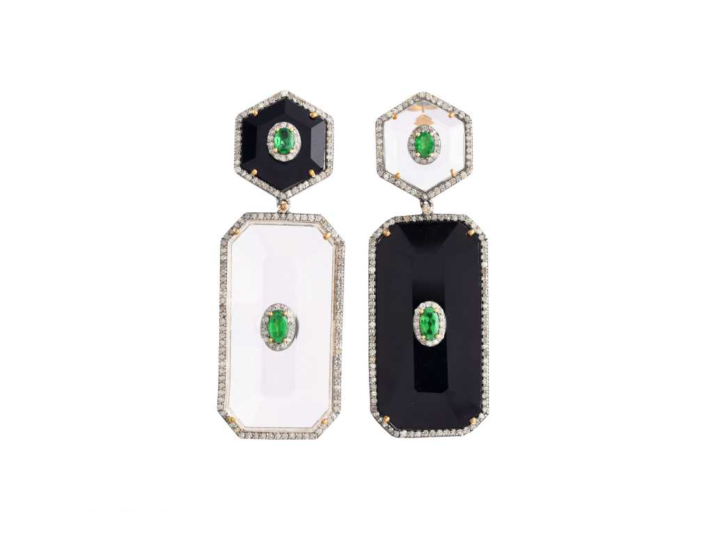 Ring 14kt Gold And Silver With Natural Diamonds, Tsavorite, Black Onyx And Crystal