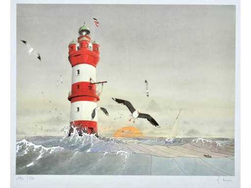 Illegible - Lighthouse with sailboat and seagulls - silkscreen