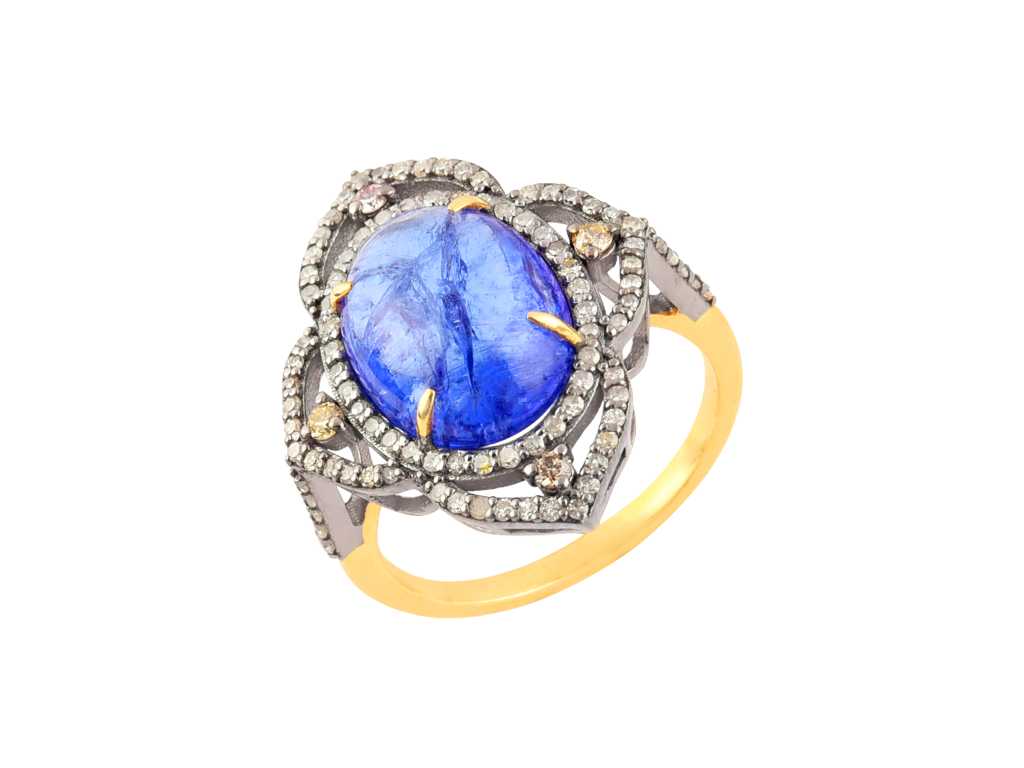 Ring 14kt Gold And Silver With Natural Diamonds, Fancy Colour Diamonds And Tanzanite