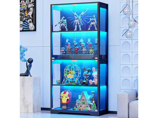 Glass Door Display Cabinet, 4-Tier Display Cabinet with 3-Color Lighting for Collectibles