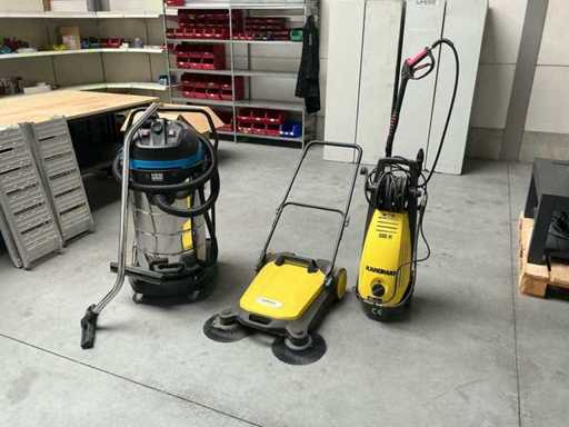 Professional HBM construction vacuum cleaner, Kärcher brush machine and high-pressure cleaner Karomat.