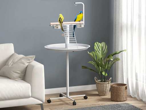 Vogelvoeder op standaard met 4 baarswielen, 2 afneembare kommen, een ronde bak, roestvrijstalen Ø 60 x 138 cm wit