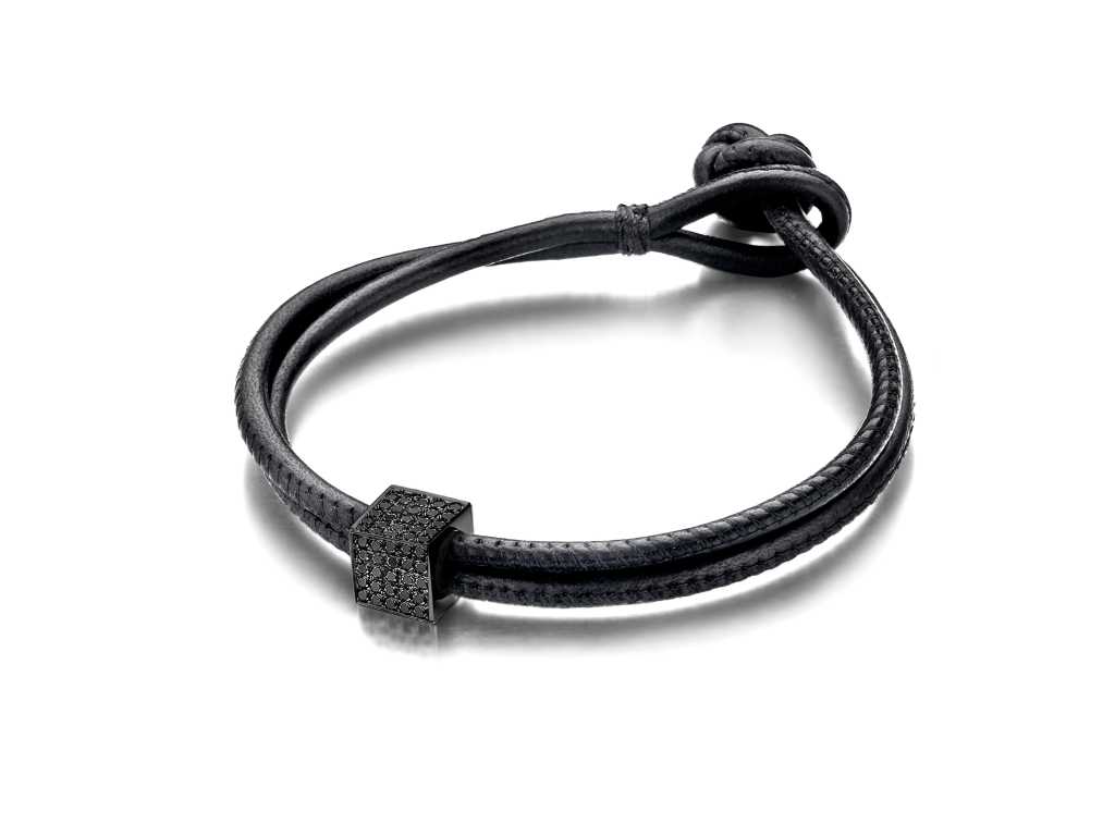 Bracelet with black diamond cube on leather (PA007D)