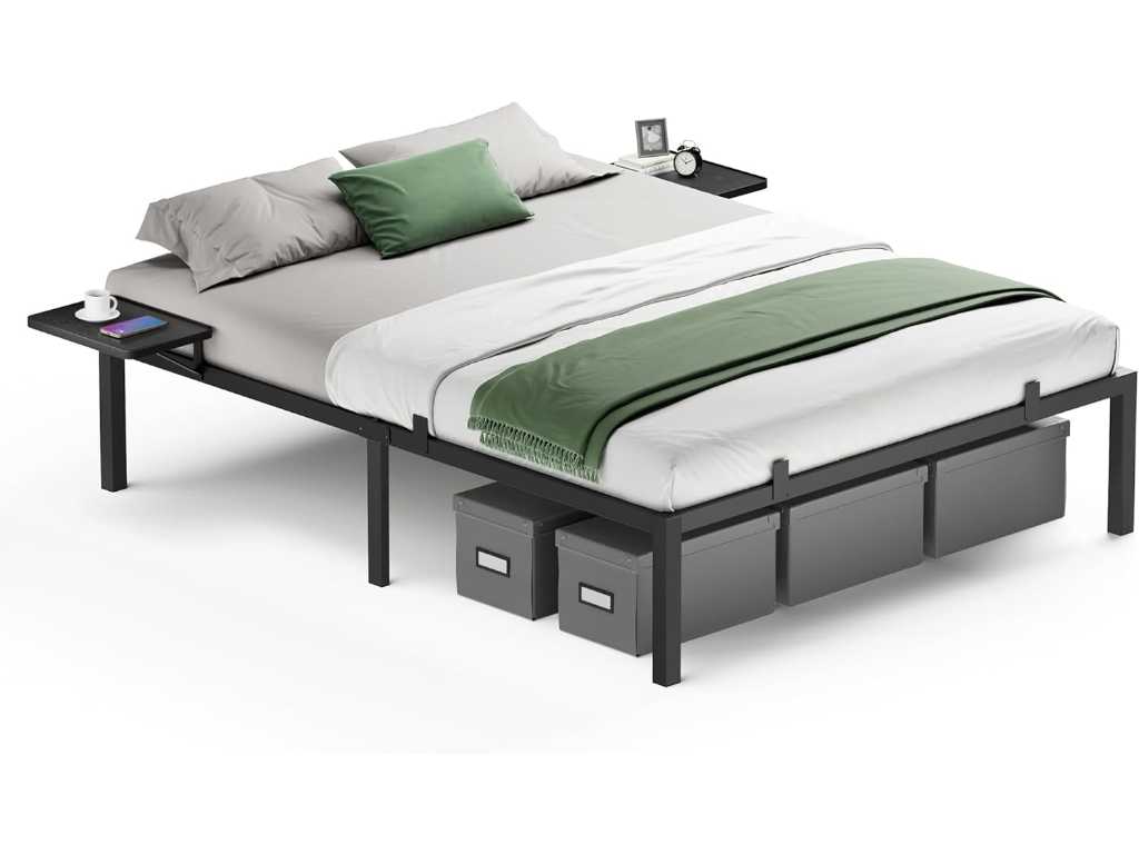 Double Bed, Double Bed, Metal Bed Frame with Shelves
