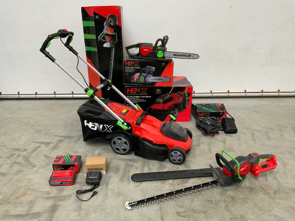 Henx Hedge trimmer chainsaw and lawn mower on battery