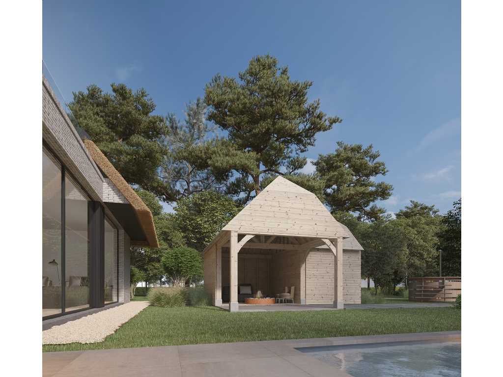 Casă cu piscină din molid norvegian 6x6m cu acoperiș și placare a pereților