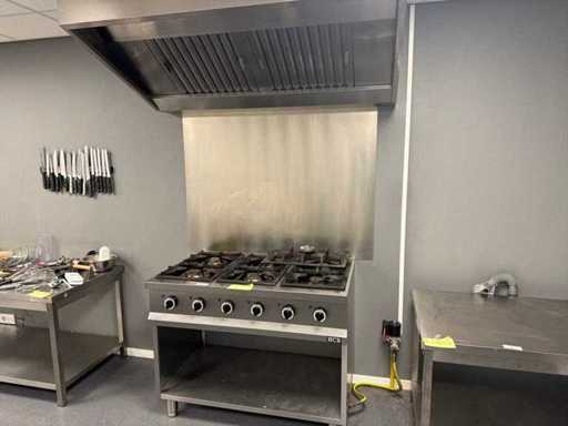 Profesjonalna kuchenka gazowa HCB z 6 palnikami na podstawie i okap wyciągowy