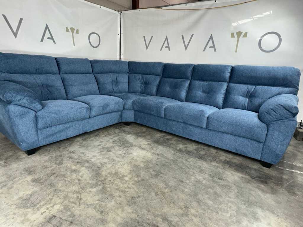 Hjort Knudsen - Round corner sofa, blue fabric, wooden legs