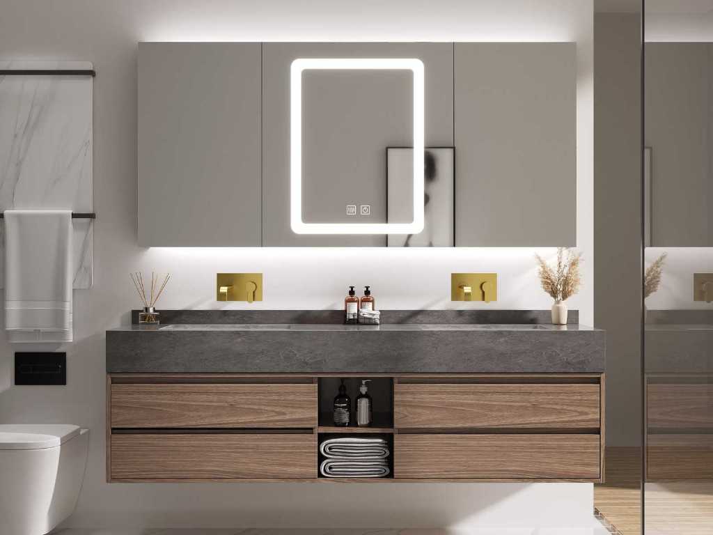 Meuble de salle de bain 2 personnes - 120 cm - Décor bois avec lavabo en marbre anthracite - Robinetterie murale incluse 