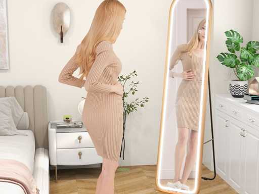 Miroir Pleine Longueur Arrondi avec Lumières Led Miroir Éclairé Par Led Cadre en Aluminium Intensité Variable Éclairage 3 Couleurs Or