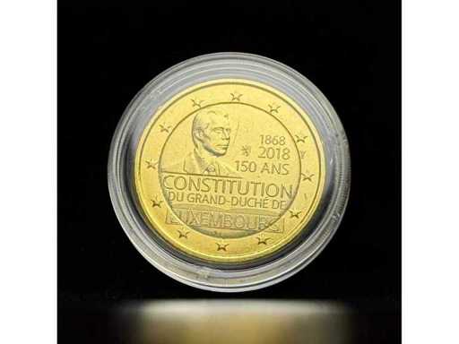 2 Euro Luxemburg 2018 Grondwet 150 Jaar Verguld Gedenkmunt in Capsule