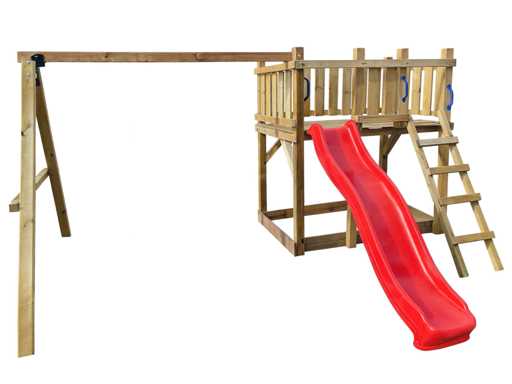 Freestanding play tower with swing and slide 410x300x200 cm