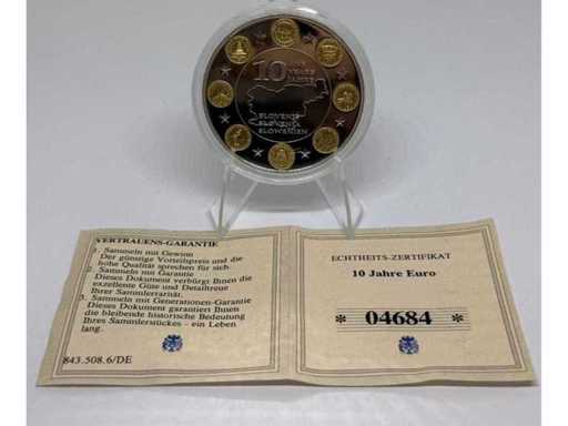 Cuivre argenté avec plaquage partiel or – pièce commémorative de 10 euros d’Italie, diamètre de 40 mm.