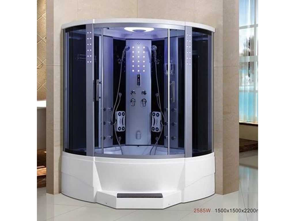 Steam Room with Whirlpool Massage Bath - Half Round - White Bath with Black Cabin 150x150x220 cm