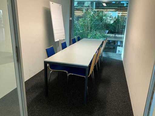 2 tables, 8 chairs and flipchart