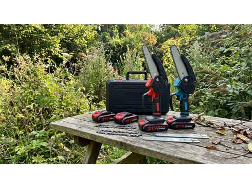 2025 Mini-tronçonneuses OEM génériques – 4 pouces + 6 pouces – 21V Lithium – 2 batteries – Jeu complet dans l’étui