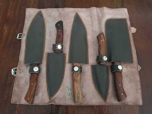 Cooking Set with 5 Damascus Knives and Brown Leather Roll
