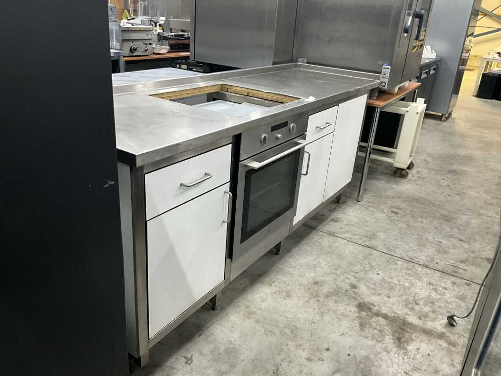 Stainless steel work table with cut-out for hob