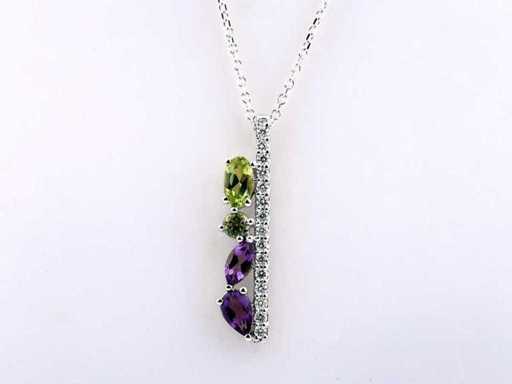 14 KT witgouden ketting met hanger van 0,82 cts natuurlijke diamant en amethist en peridoot