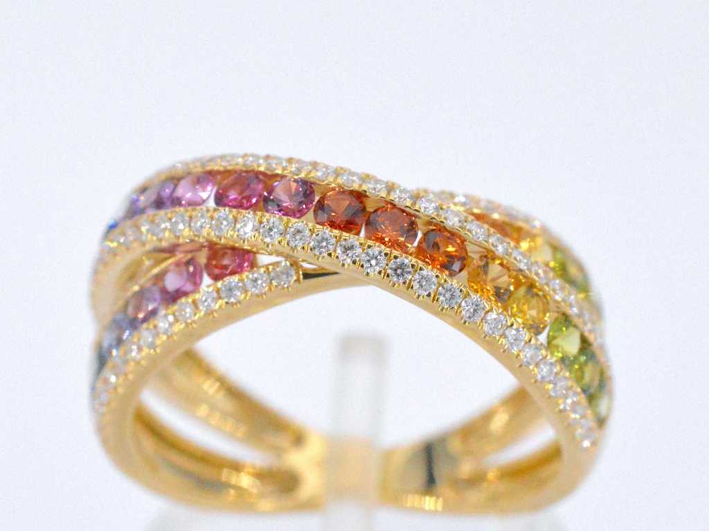 Gold ring with diamonds and multicolour sapphires