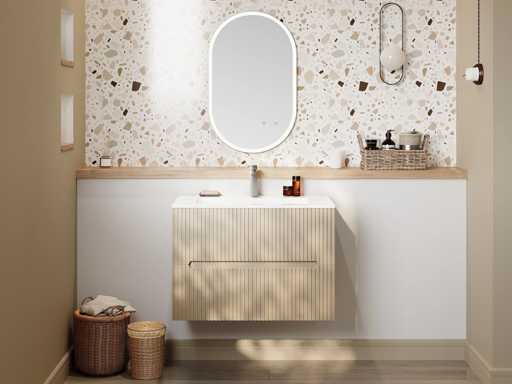 Wandhangende badkamerkast met ingebouwde wastafel - Beige streep - 80 cm