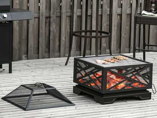 2-in-1 Outdoor Metalen Vuurkom, vierkant, met rooster