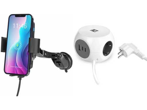 ACT Automatische smartphone autohouder AC9010 + ACT Stekkerdoos kubus 
