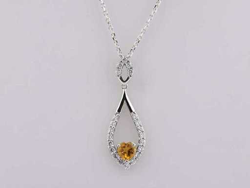 Colier din aur alb de 14 KT cu pandantiv cu diamant natural și citrin