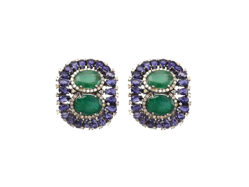 Earring 14kt Gold And Silver With Natural Diamonds, Emerald And Iolite