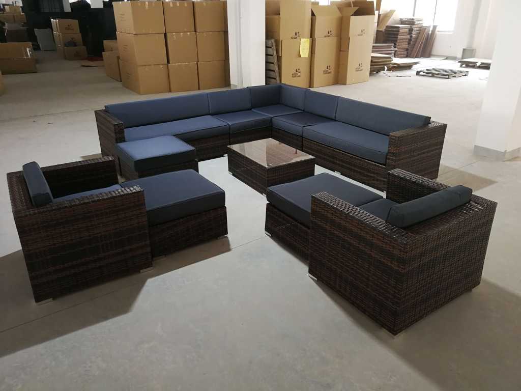  Lounge set 12-piece Wicker Brown / Navy blue cushions
