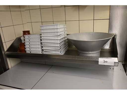 RVS Frituur uitgifte bak met aluminium lekbak en porseleinen frietschalen