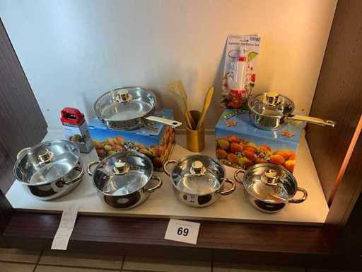 12 piece GSW pot set + various kitchen utensils