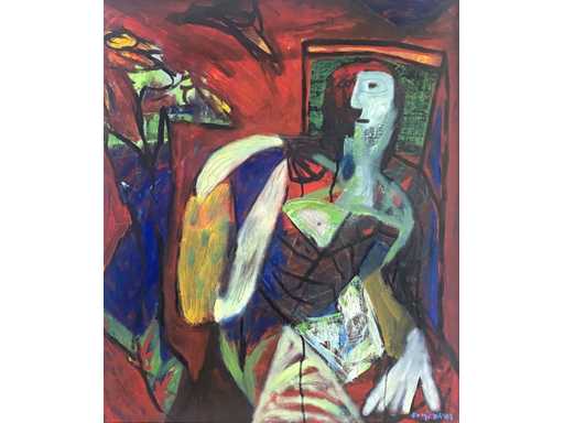 Surajiya - Woman sitting - gemengde techniek op doek